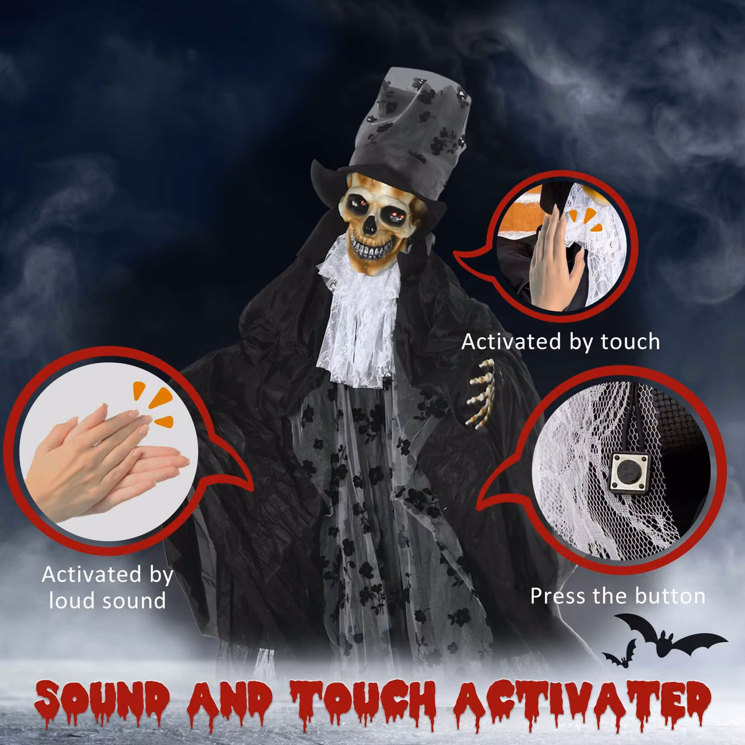 Outsunny Life Size Outdoor Halloween Ghost Bridegroom Animated Decoration with Sound, Motion Activation and Light Up Eyes, Height: 189 cm, Black – 4