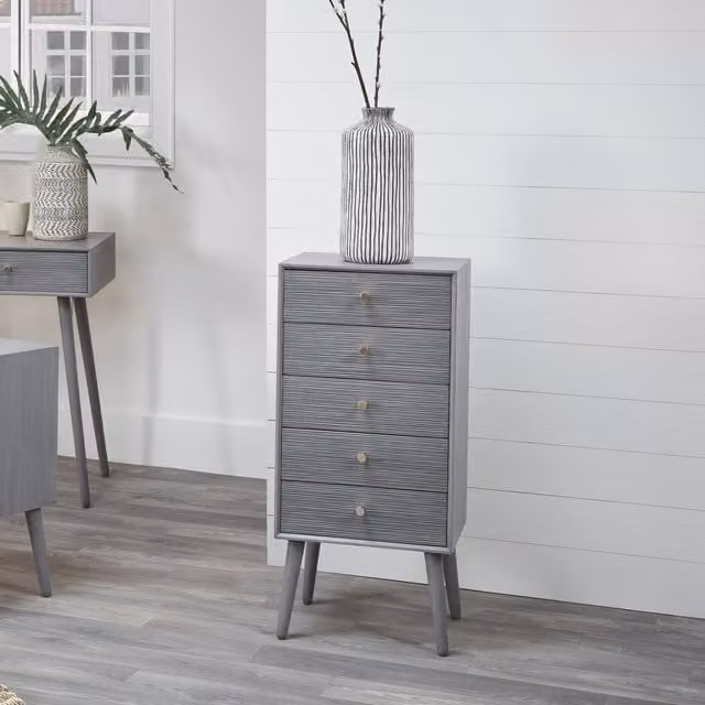 Pacific Lifestyle Modern 5 Drawer Tall Boy Chest in Grey Pine with Gold Accents