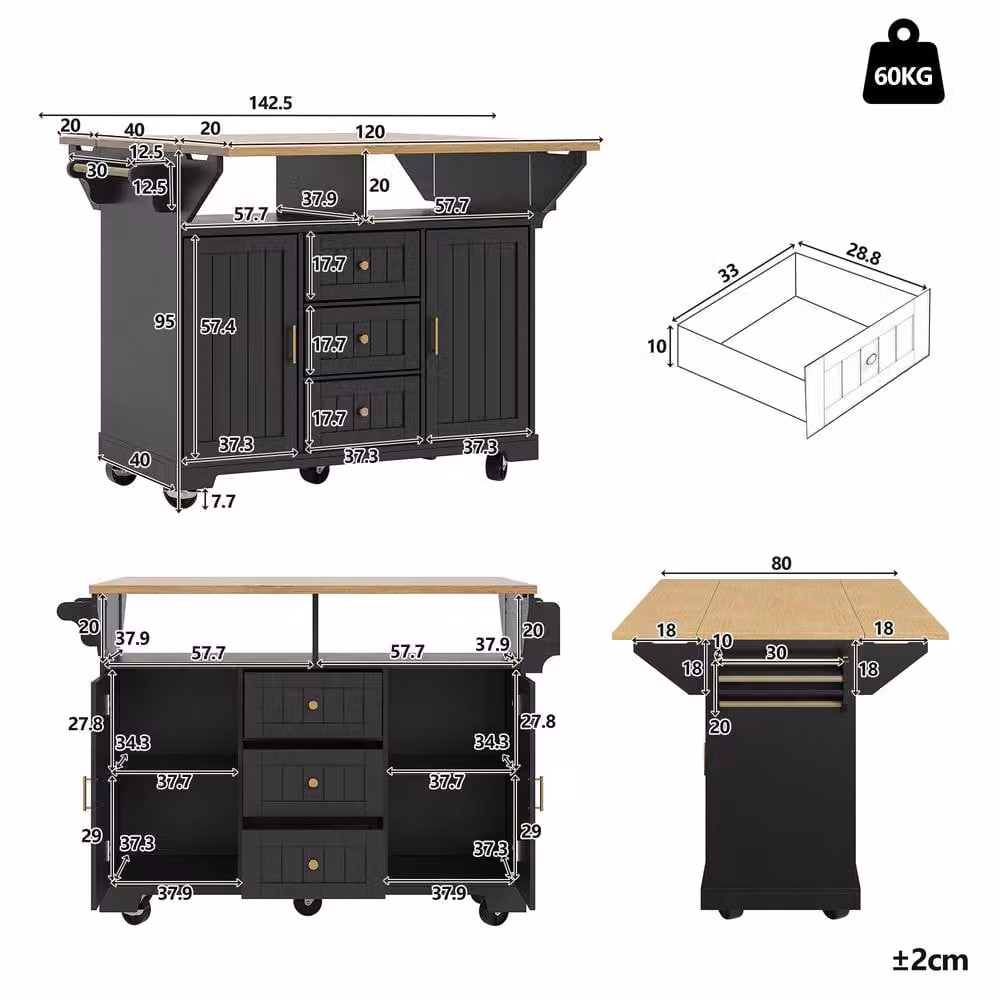 Rolipo Extendable Kitchen Island Trolley with Drop Leaf Storage in Black – 2