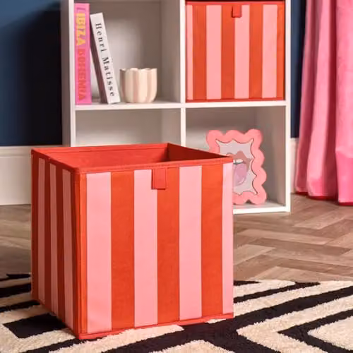 OHS Set of 2 Stripe Fabric Storage Cubes in Red and Pink, Foldable with Handles – 2