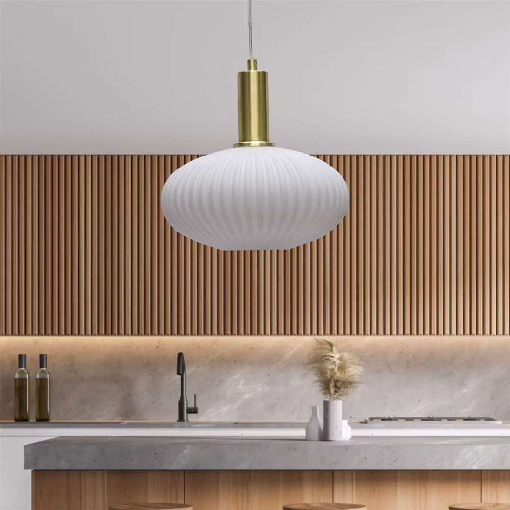 First Choice Lighting Baton Set of 2 Deco Pendant Lights with White Ribbed Oval Glass and Satin Brass Finish – 2