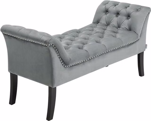Classic Grey Velvet Upholstered Bench with Oak Wood Frame