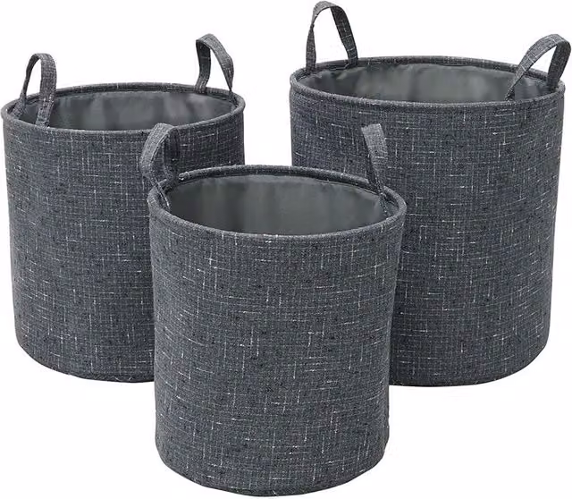 JVL Shadow Set of 3 Round Fabric Storage Baskets with Handles in Grey – 1