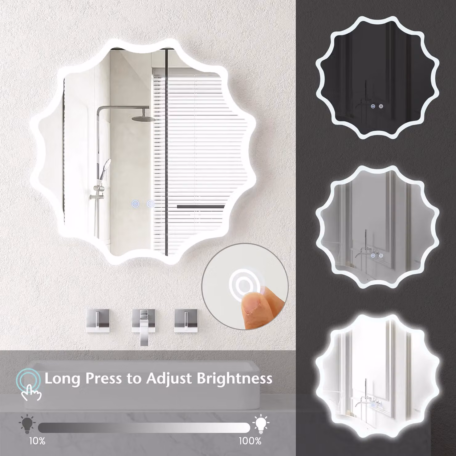 Costway Round Anti-fog 3-Colour LED Lights Bathroom Mirror with Waved Edge in Silver, Diameter: 60 cm – 4