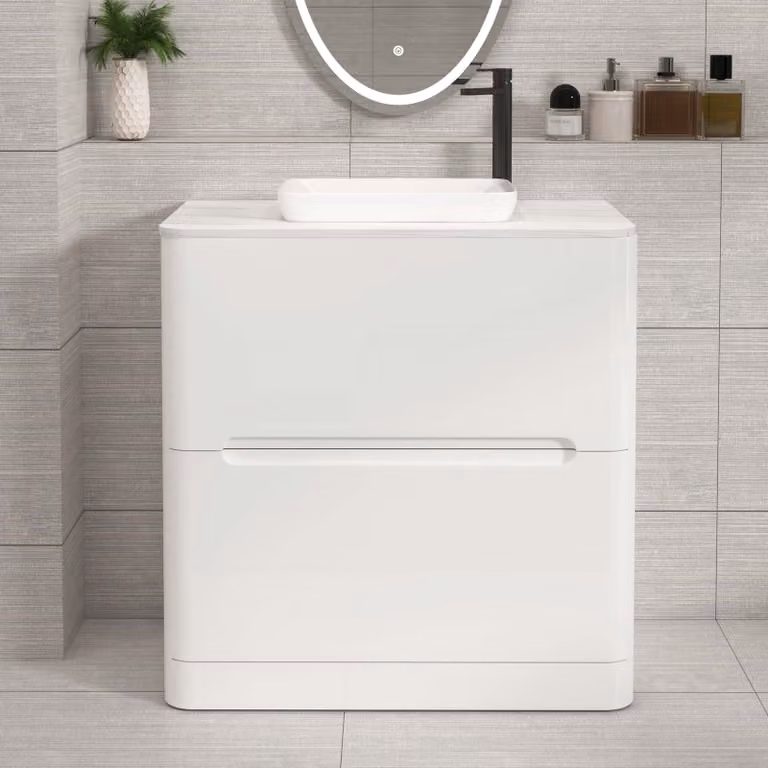 Royal Bathrooms Venice 800mm Gloss White Floor Standing 2 Drawer Vanity Unit with Qubix Basin