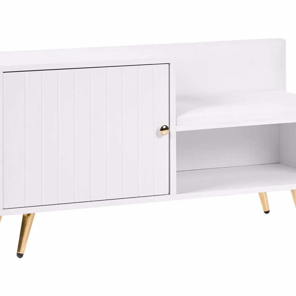 Wyld and Coco White Shoe Storage Bench with 2 Compartments, Ribbed Doors and Gold Tone Details – 2