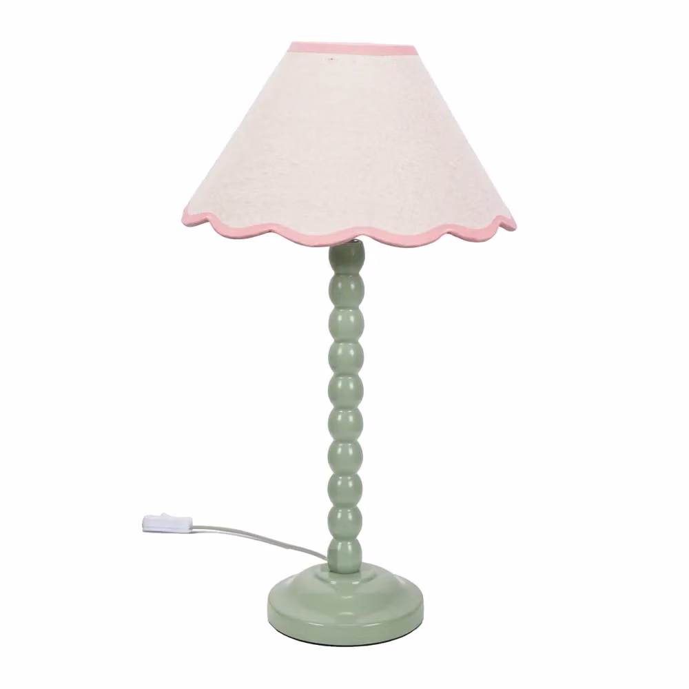 ValueLights Bobbin Ceramic Table Lamp in Sage Green with Pink Fabric Scallop Shade – 2