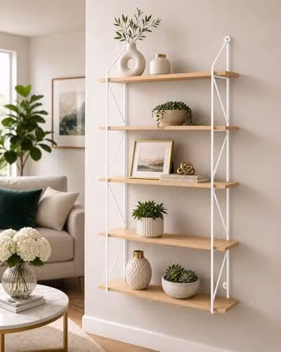 Spot On Dealz 5 Tier Modern White Floating Wall Mounted Shelving Unit with Oak MDF and Metal Frame – 2