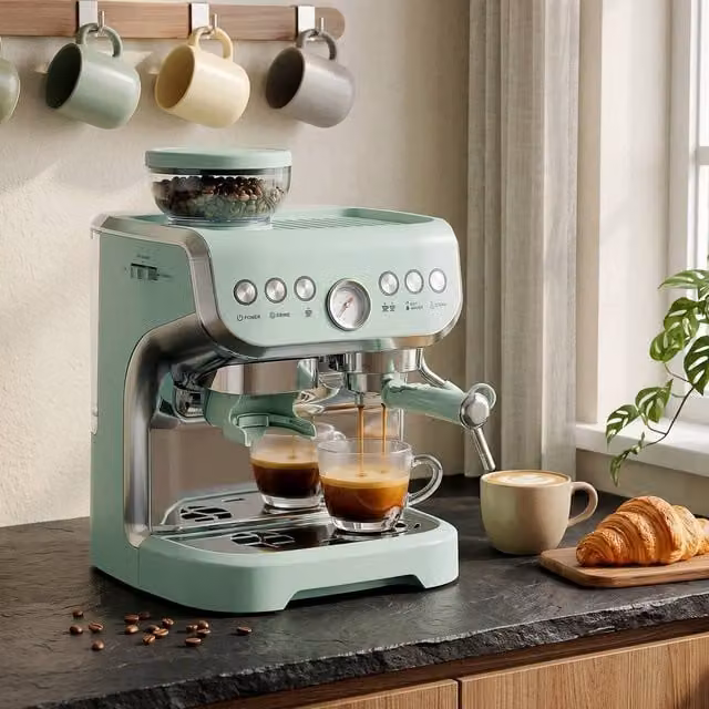 HOMCOM Espresso Machine with Bean Grinder and Steam Wand, 15 Bar Pressure, Light Green
