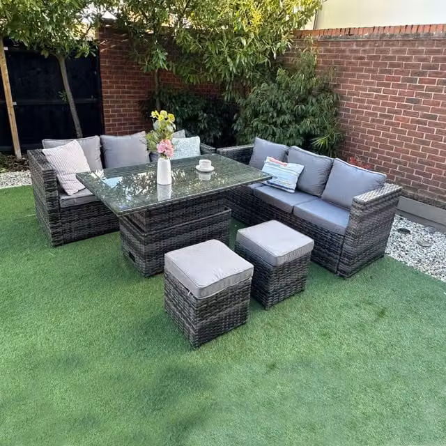 Furniture One Designs Grey Rattan Wicker Garden Lounge Set with Cushions, Two 3-Seater Sofas, Two Ottomans and a Rising Table