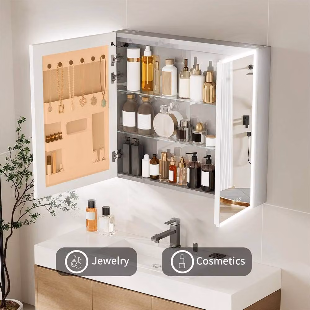 FLAVORA Smart Bluetooth Music Aluminum Bathroom Medicine Cabinet in Silver with LED Lighting, Anti-Fog Glass Doors and Internal Shelves – 2