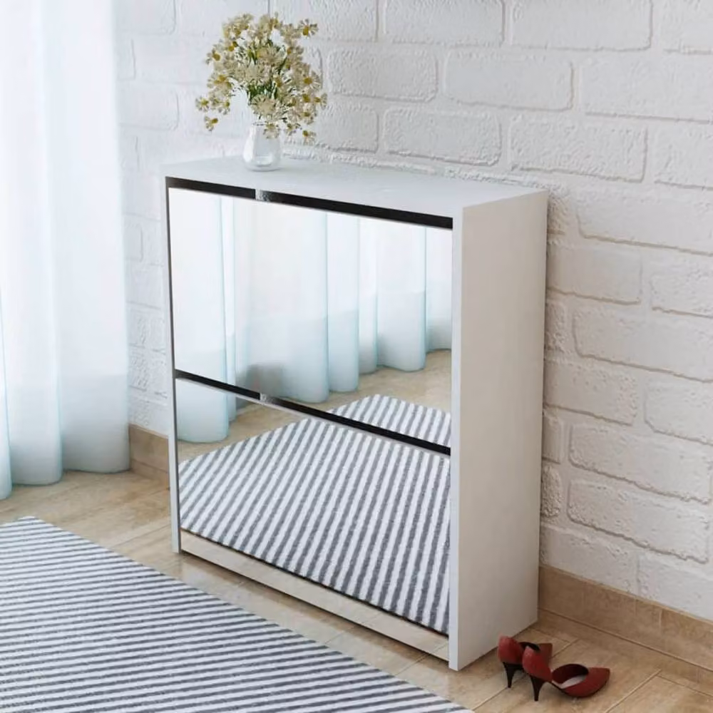Berkfield Home Glossy White 2-Layer Shoe Cabinet with Mirror and Tilting Compartments W/D/H: 63 x 17 x 67 cm – 2