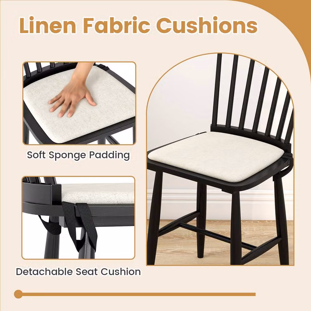 Costway Set of 2 Windsor Wooden Dining Chairs with Removable Fabric Seat Cushions in Black – 5