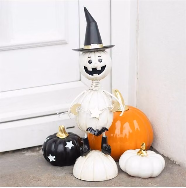 KDMD White Metal Pumpkin Man Ornament with Witch Hat for Halloween and Autumn Tabletop Decor