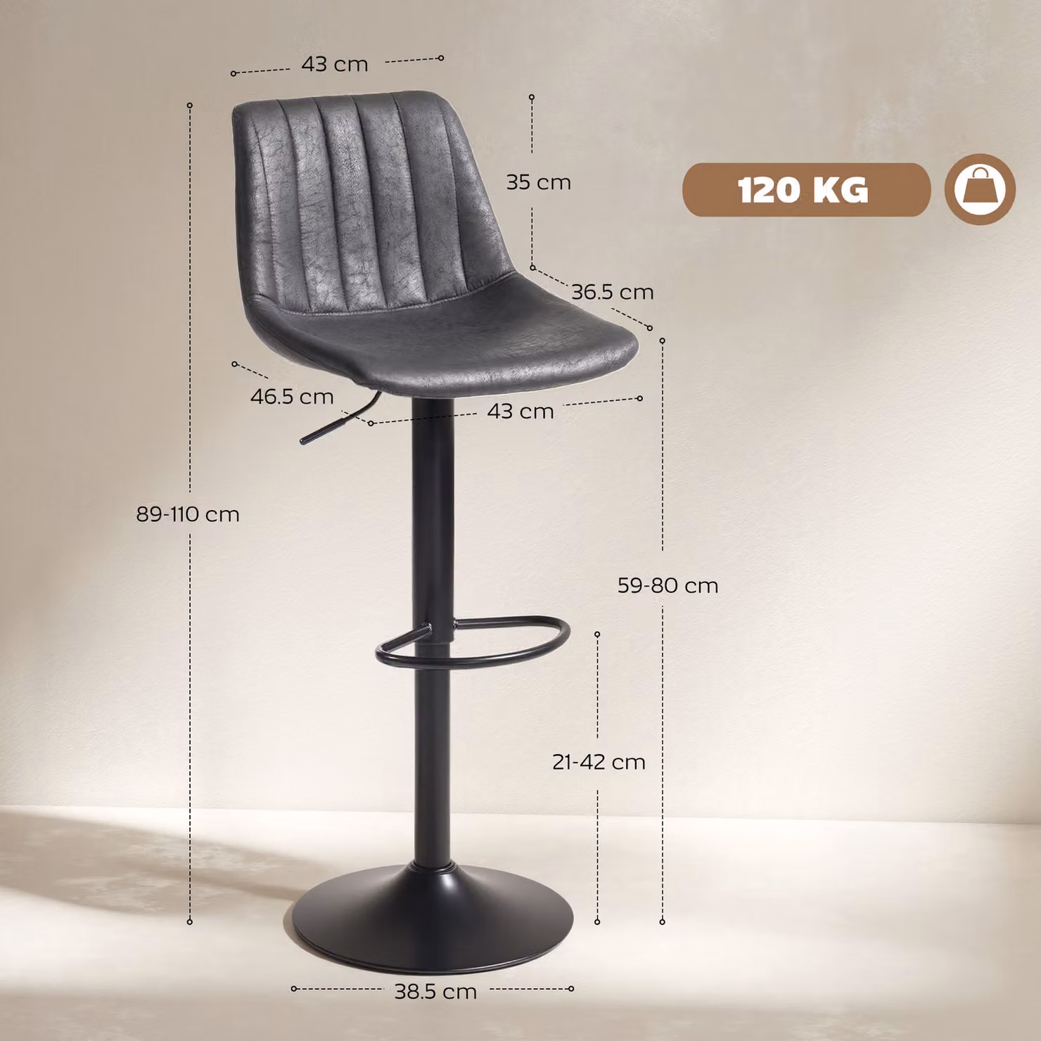 HOMCOM Set of 2 Modern Charcoal Grey Synthetic Leather Swivel Bar Stools with Metal Legs, H 120 cm x W 43 cm x D 59 cm – 3