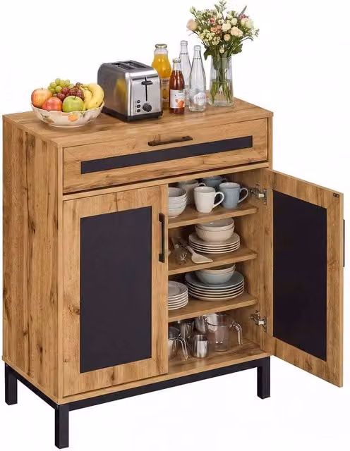 FORGEVIO Modern 2-Door Wood Sideboard Cabinet with Drawer and 3 Removable Shelves in Brown and Black
