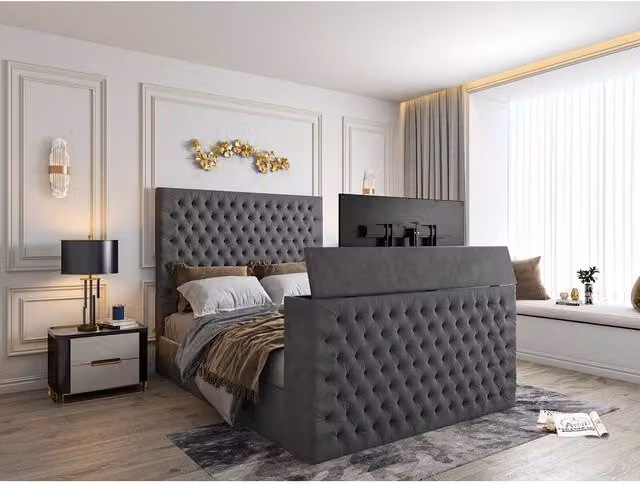 KDMD Capella Super King Upholstered Soft Velvet TV Bed Frame in Grey with USB Charging Port, W/D/H: 200 x 152 x 189 cm – 1