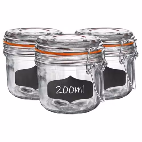 Argon Tableware 6 Pack Transparent Glass Storage Jars with Airtight Stainless Steel Clip Lids and Silicone Seals, 200ml