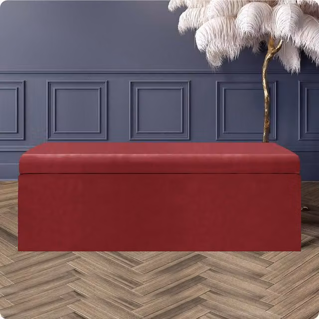 R&M Furnishers Large Plain Safar Storage Ottoman Box in Red Plush Velvet