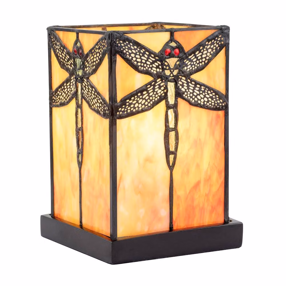 Happy Homewares Orange and Amber Tiffany Stained Glass Tabletop Lamp with Dragonfly Decor – 2