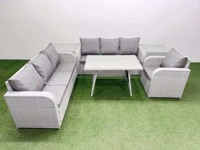 Fimous 6 Piece Outdoor PE Rattan Garden Furniture Set with 2 Side Tables in Light Grey