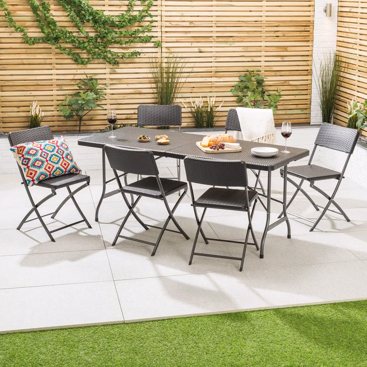 Christow 6 Seater Rattan Effect Garden Dining Set in Grey with Powder Coated Steel Frame, W/D/H: 150 x 64 x 74 cm – 2