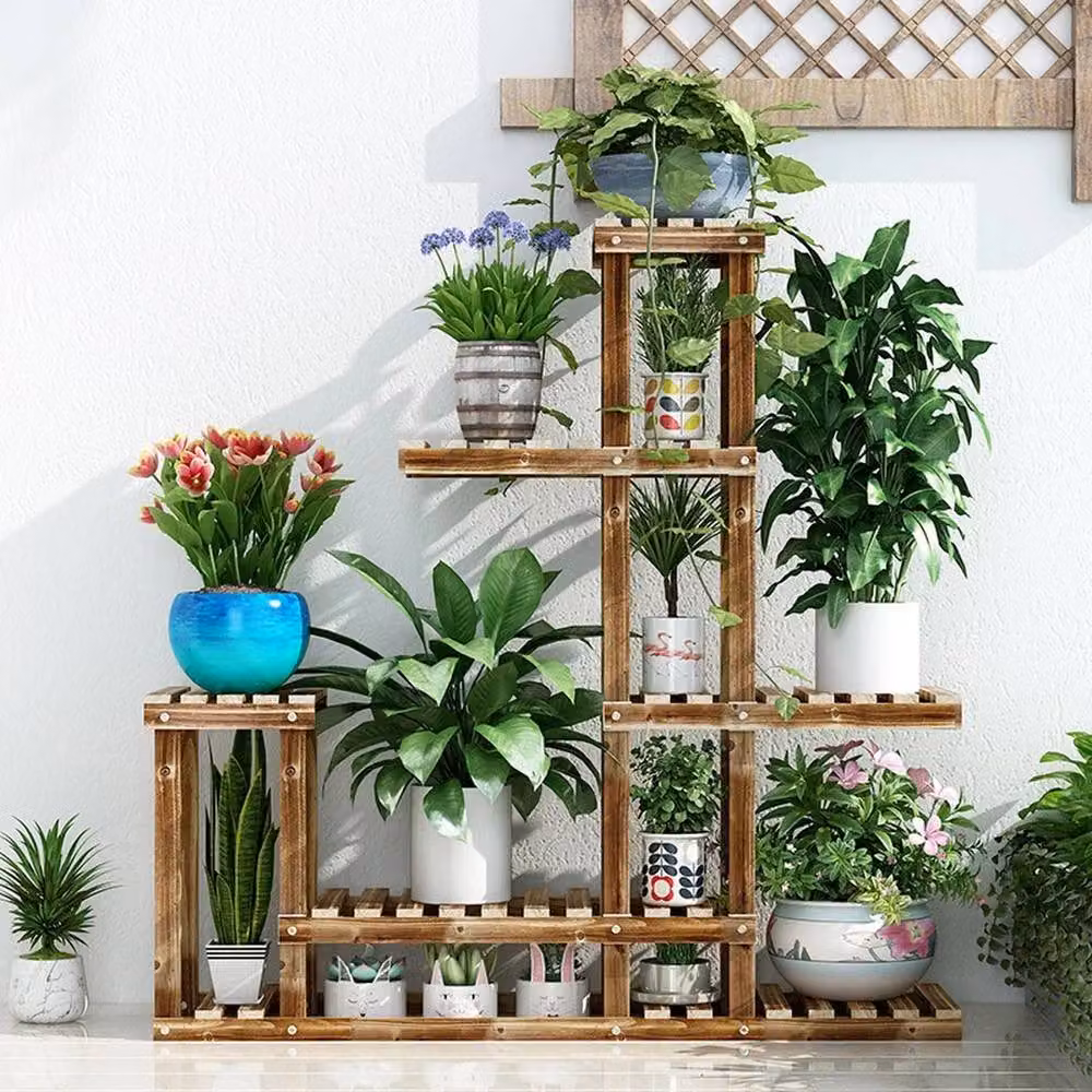 ERGOVEXA Rustic Brown Wooden Flower Planter Pot Stand and Plant Rack Shelf – 3
