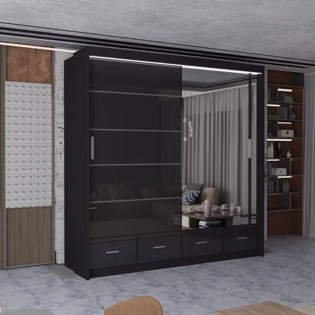 MN Furniture Black High Gloss Sliding Mirrored Wardrobe with Integrated LED Lighting W: 203 cm, H: 220 cm