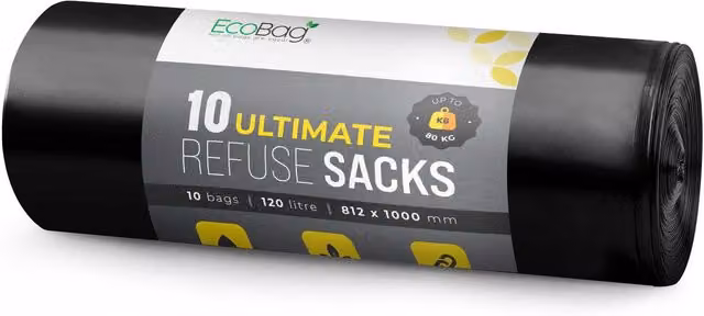 Ecobag Heavy Duty Bin Bags, 10 Pack, Black, 100 l