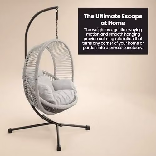 Solace+Co Lana Rattan Egg Hanging Swing Chair with Stand in Light Grey – 3