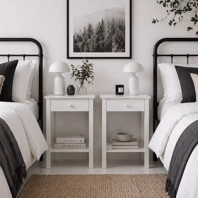 Wyld Haus Maco Set of 2 White Wooden Bedside Tables with Drawer and Bottom Shelf, W/D/H: 39 x 39 x 61 cm – 1