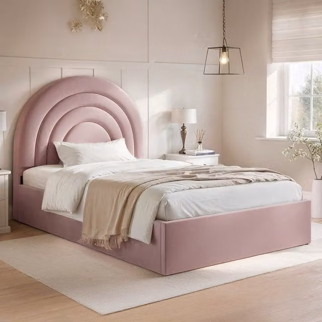 Flair Ava Ottoman Bed in Pink with Upholstered Bouclé and Velvet Finish, W/D/H: 120 x 200 cm