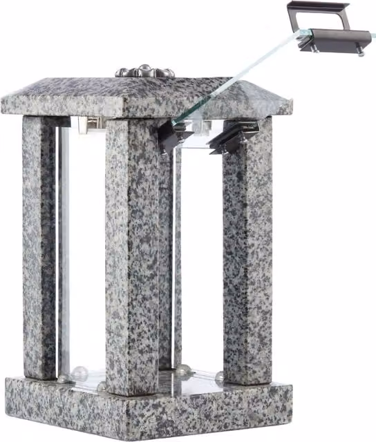 Novecrafto Polished Grey Granite Memorial Candle Lantern with Floral Decor, Height: 32 cm