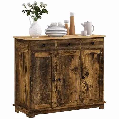 HOMCOM Modern Sideboard Storage Cabinet with 3 Doors and 3 Drawers in Rustic Brown – 1