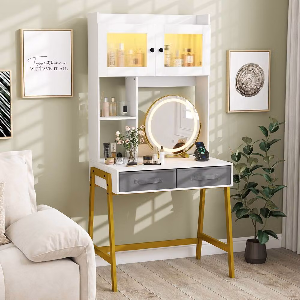 Costway Makeup Vanity Desk with Hollywood LED Rotating Mirror in White – 3