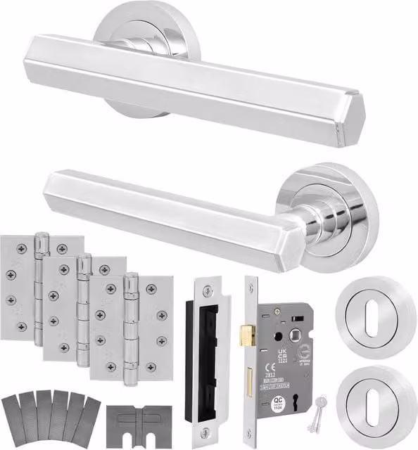 AFIT Polished Chrome Fire Door Handle Key Lock Set with Hinges in Silver