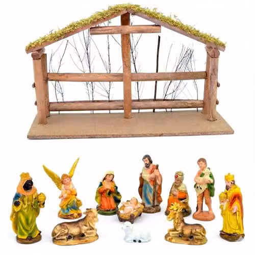 Shatchi Large Handmade Nativity Scene with Wooden Stable and 12-Piece Figurine Set in Brown and Multicolour – 1