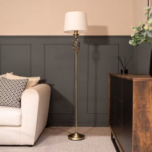 ValueLights Memphis Barley Twist Floor Lamp with Fabric Shade in Antique Brass and White