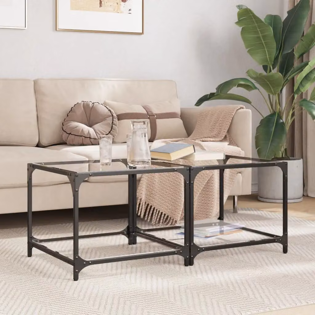 Berkfield Home Set of 2 Modern Square Coffee Tables with Transparent Glass Tops and Brown Steel Frames, W/D/H: 50 x 50 x 40 cm – 2