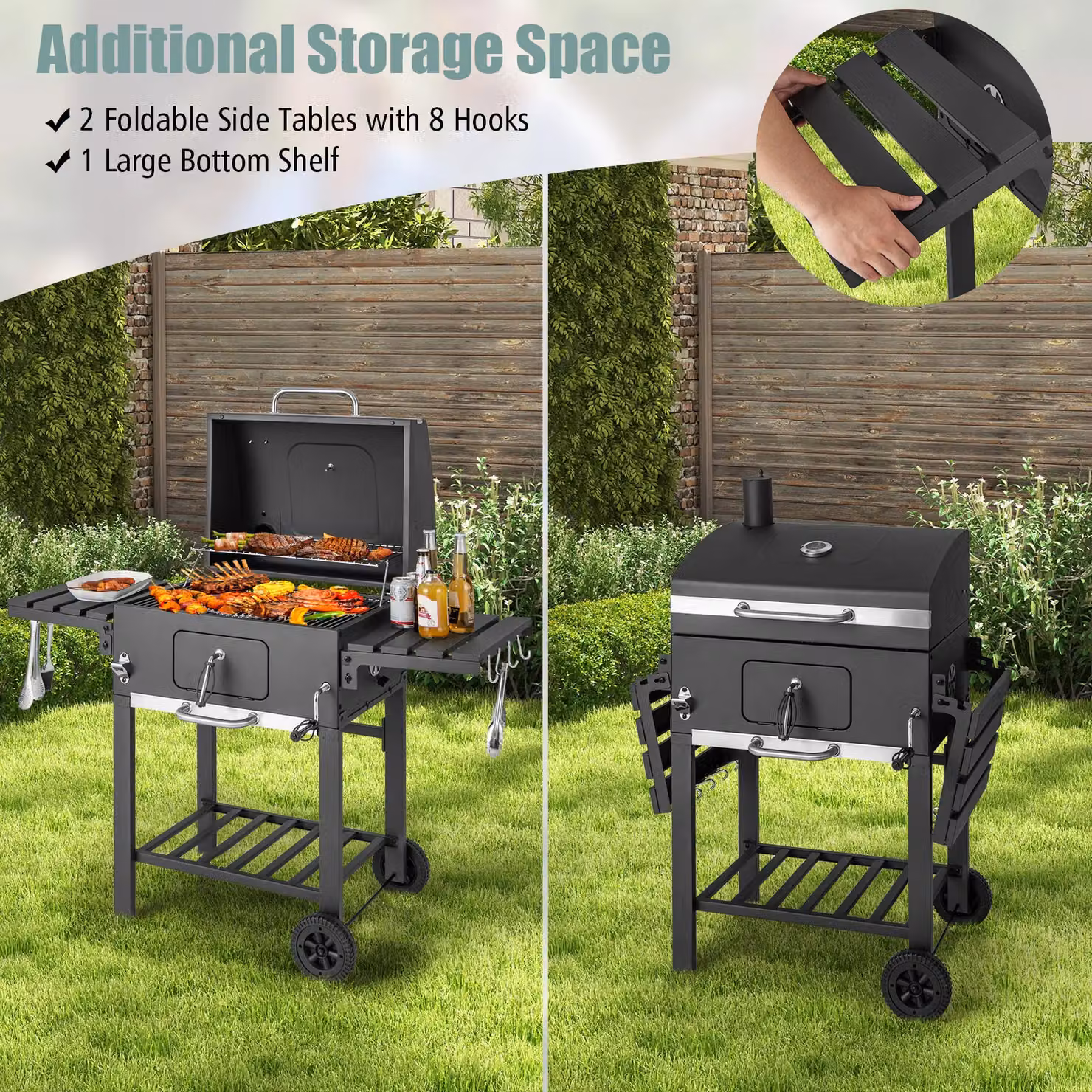 Costway Charcoal BBQ Smoker Combo with 2 Wheels and 2 Foldable Side Tables, Black, W/D/H: 128 x 46 x 117 cm – 4