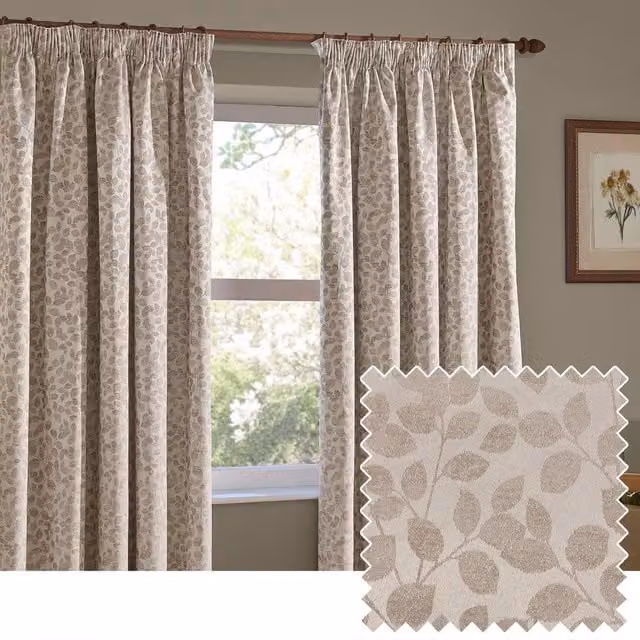 Wylder Grace Leaf Jacquard Pencil Pleat Curtain Pair in Natural Beige, Width: 229 cm, Drop: 229 cm