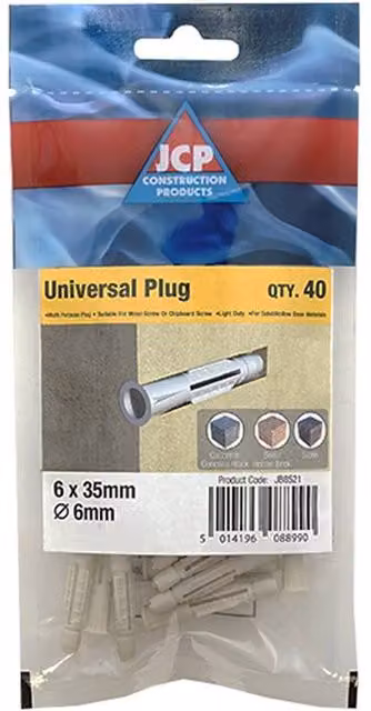 JCP Construction Products Universal Plugs, Grey, 6 x 40 mm, Box of 200