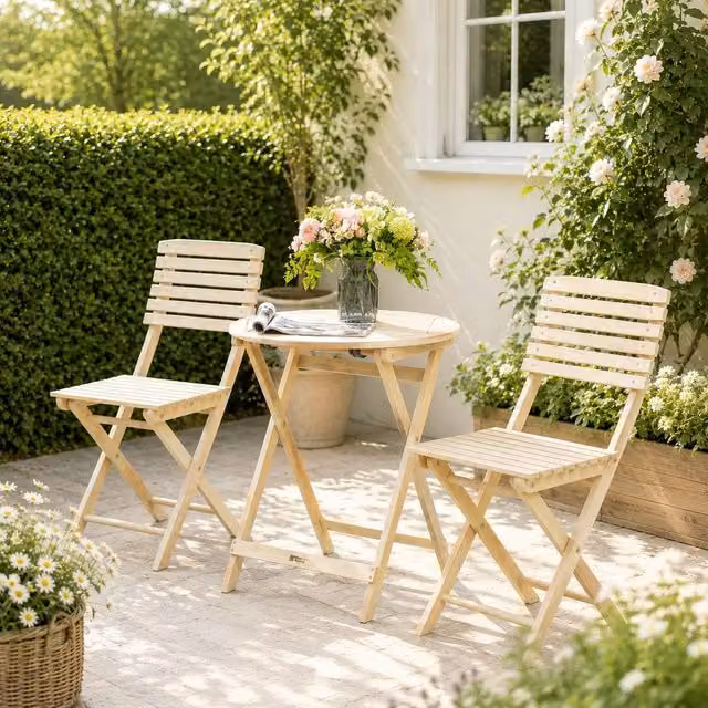 Direct Wicker Acacia Wood Round Bistro Set in Beige, 2 Seater – 1