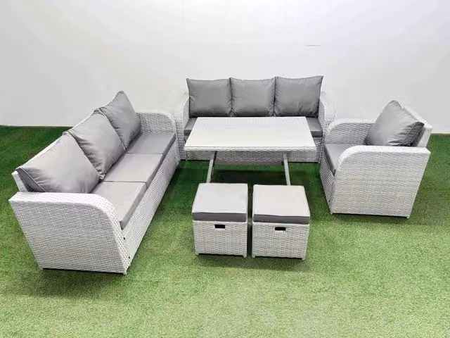 Fimous 6 Piece Grey PE Rattan Garden Furniture Set with Upholstered Cushions, 3 Seater Sofa, Coffee Table and Ottomans