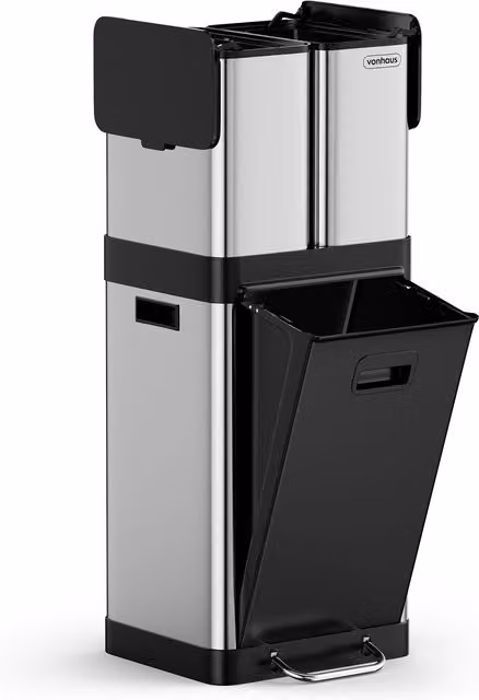 VonHaus 32L 3 Compartment Kitchen Waste and Recycling Pedal Bin in Silver – 1