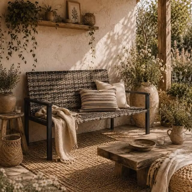 Wyld Haus Batare Grey 2 Seater Rattan Garden Bench with Armrests