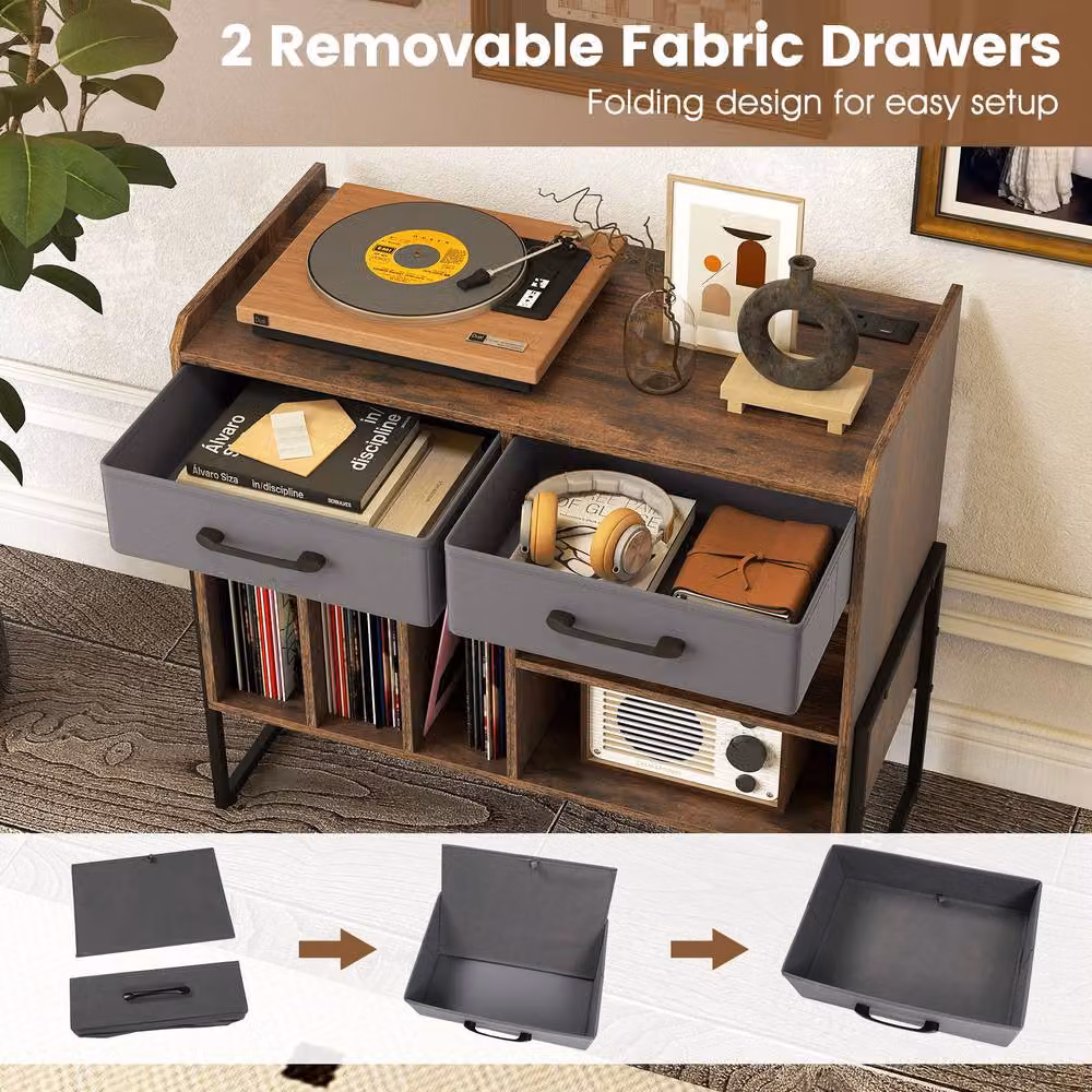 Costway Industrial Record Player Stand with Charging Station and 2 Drawers, Brown Vinyl Storage Cabinet – 9