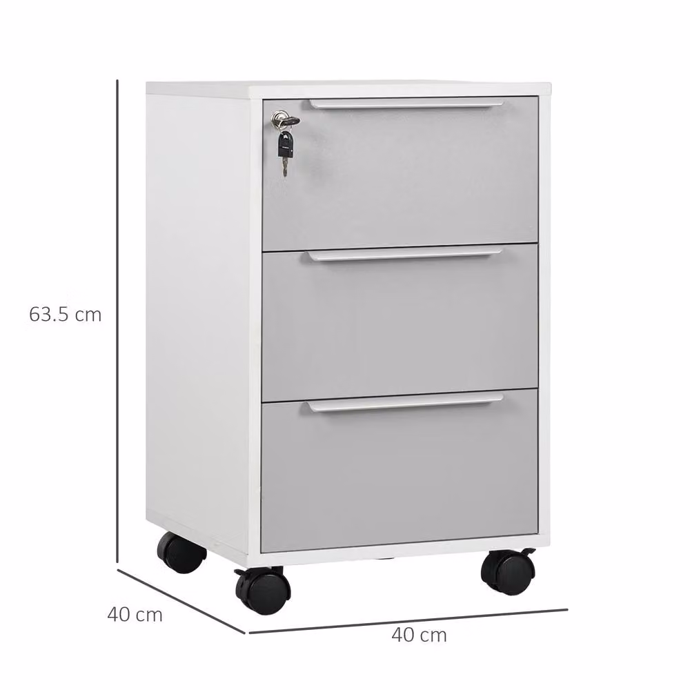 STILVORA 3 Drawer Locking Filing Cabinet with Castors in Grey – 3