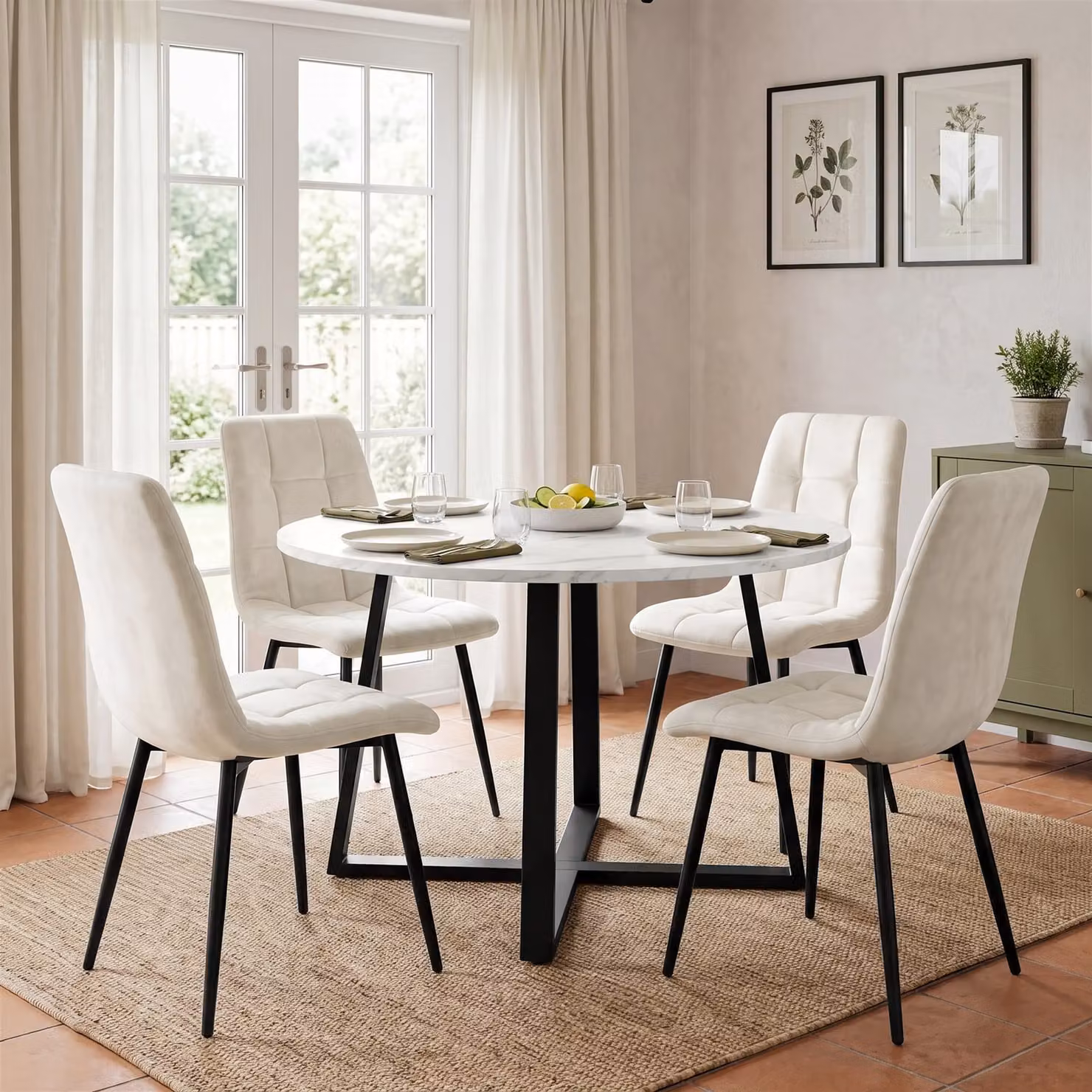 DHS Modern Round Dining Table Set with 4 Chairs in White, Black and Grey, Diameter: 110 cm, Height: 75 cm