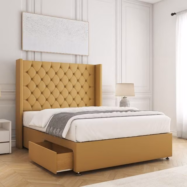 BSSPOKE Winchester Plush Divan Bed with 54 inch Headboard and 2 Drawers in Mustard Yellow Velvet Fabric, Size: 140 x 200 cm